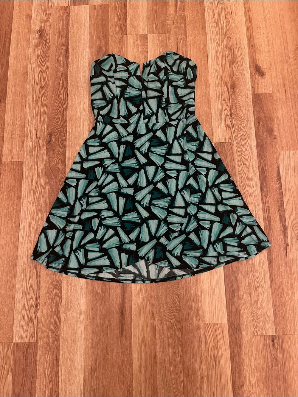 Candie's Strapless Black Dress with Teal Brushstroke Print